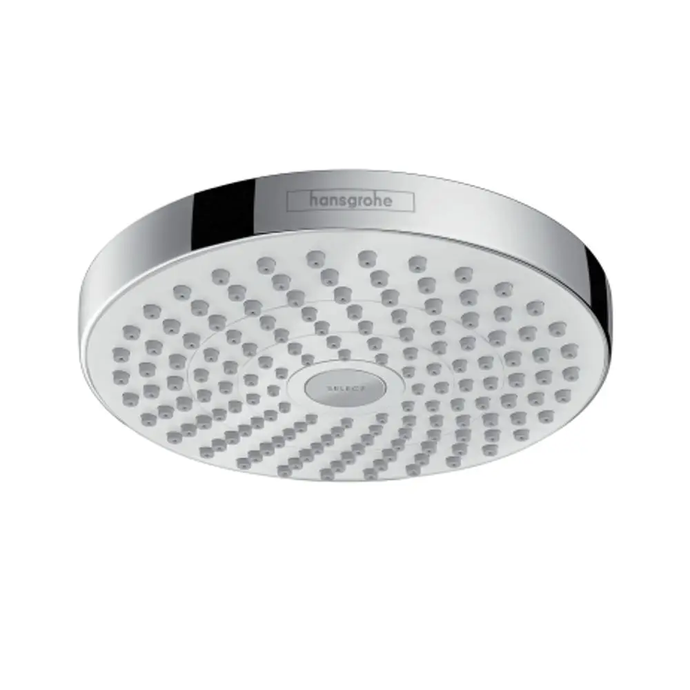 Runde Kopfbrause in Weiß und Chrom mit mehreren Wasserstrahldüsen, montiert an einer Halterung. Logo von Hansgrohe sichtbar auf der Oberseite.